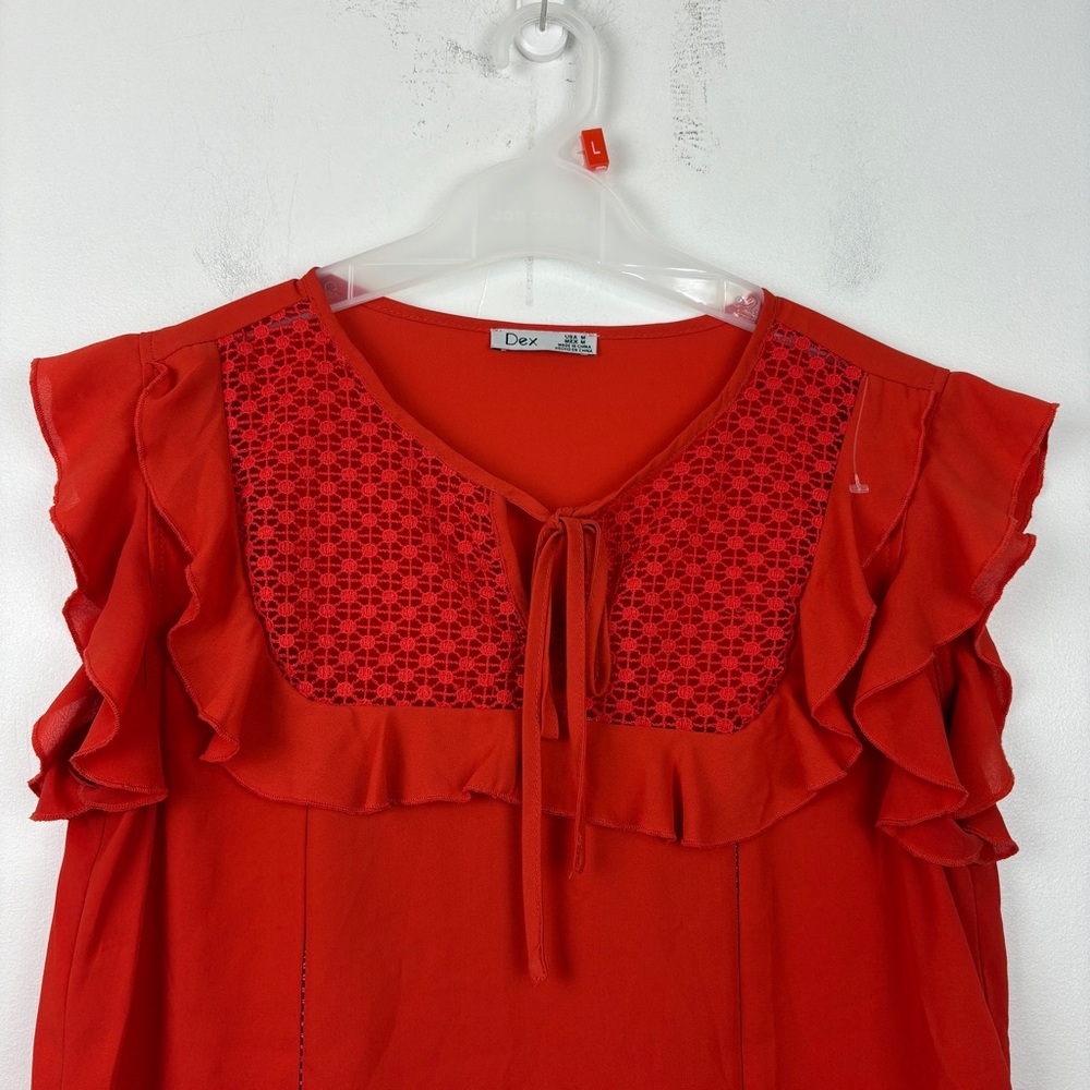 Dex Red Sleeveless Ruffled Tie Front Blouse Boho Feminine Lace Detail Top - Picture 6 of 8